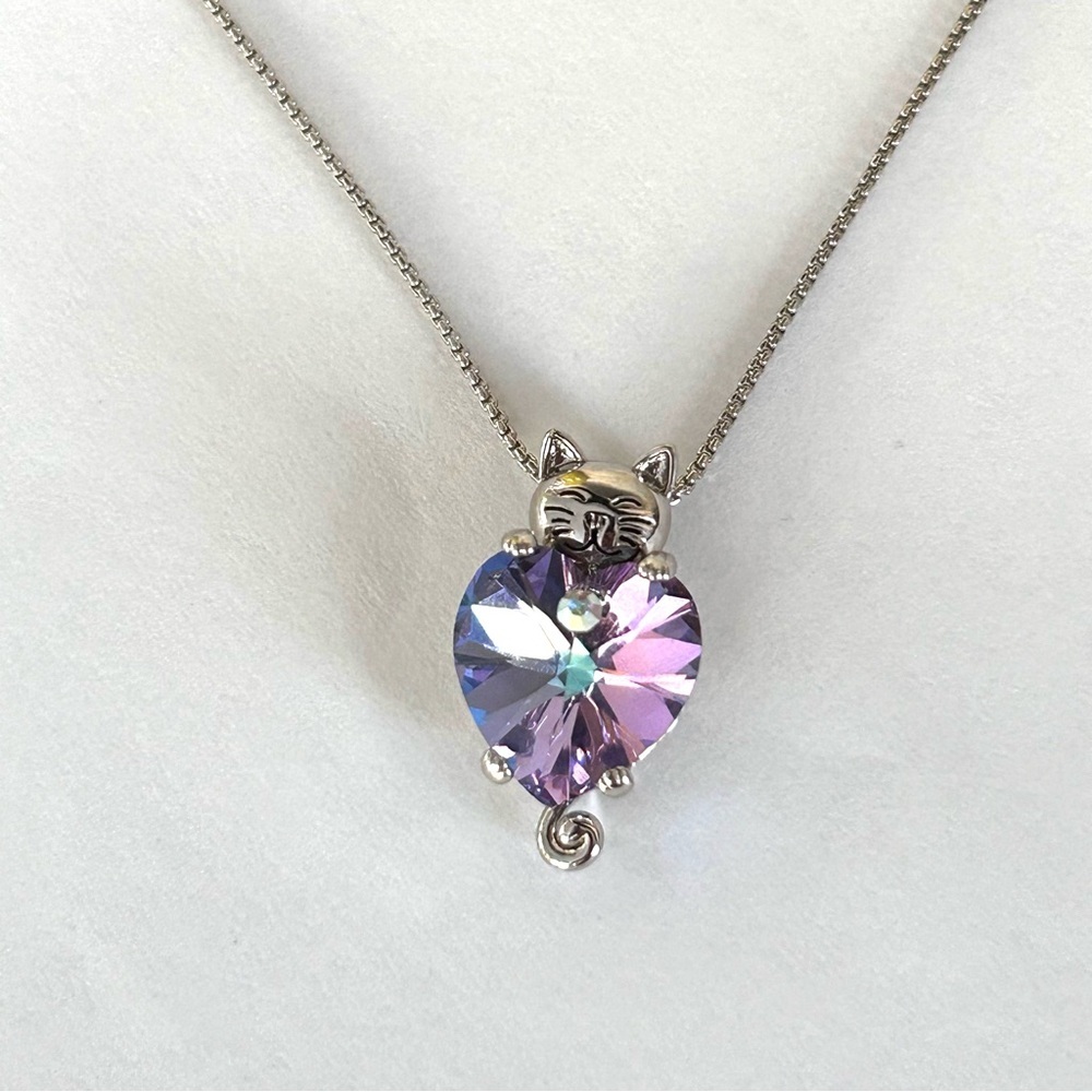 Cat Necklace Saying on back Love You Forever Silver Tone AB Heart Crystal 18”